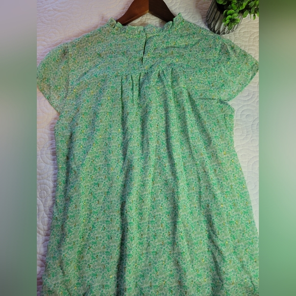 Joie | Mock Neck Floral Chiffon Cap Sleeve Blouse | Mint Green & Gold | Large - Picture 7 of 11